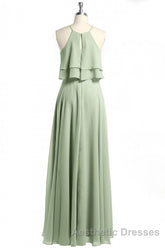 Sage Green Chiffon Halter Ruffle A-Line Long Bridesmaid Dresses